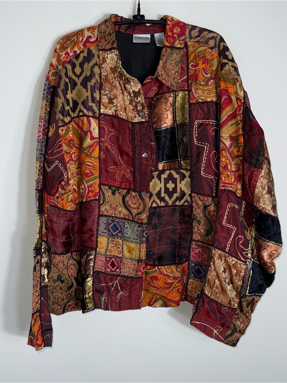 Chico's Patchwork Button Front Jacket-Embroidered-Autumn Colors-Size 3 (XL)